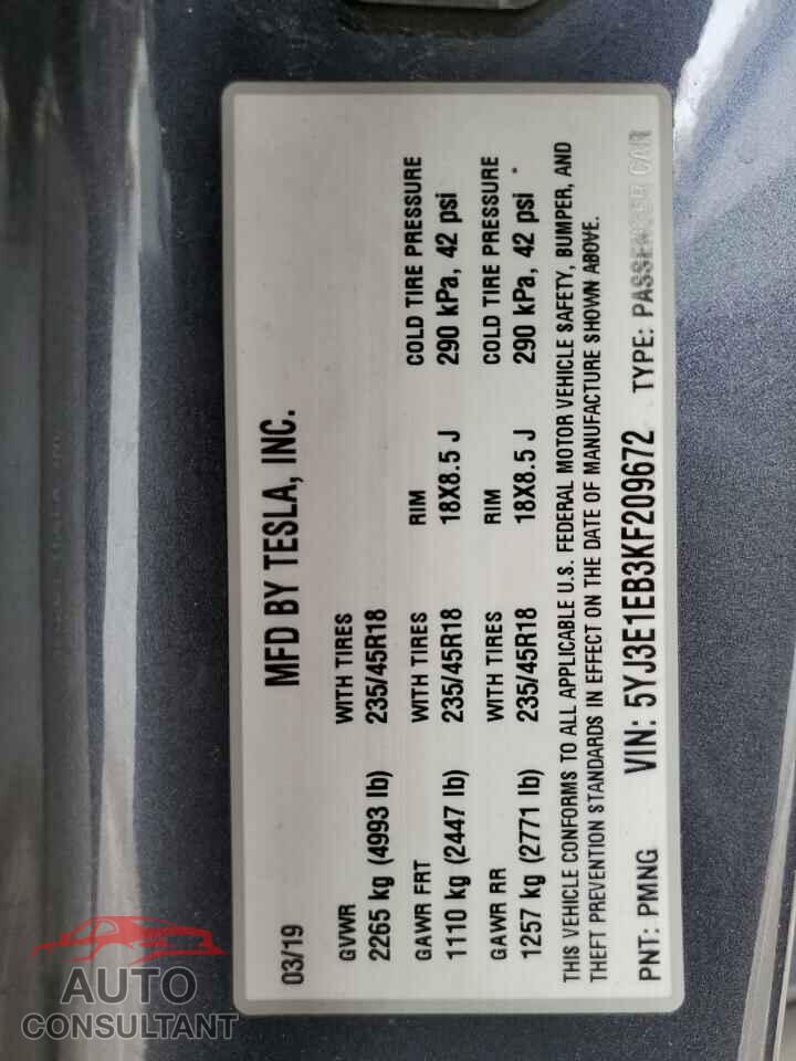 TESLA MODEL 3 2019 - 5YJ3E1EB3KF209672