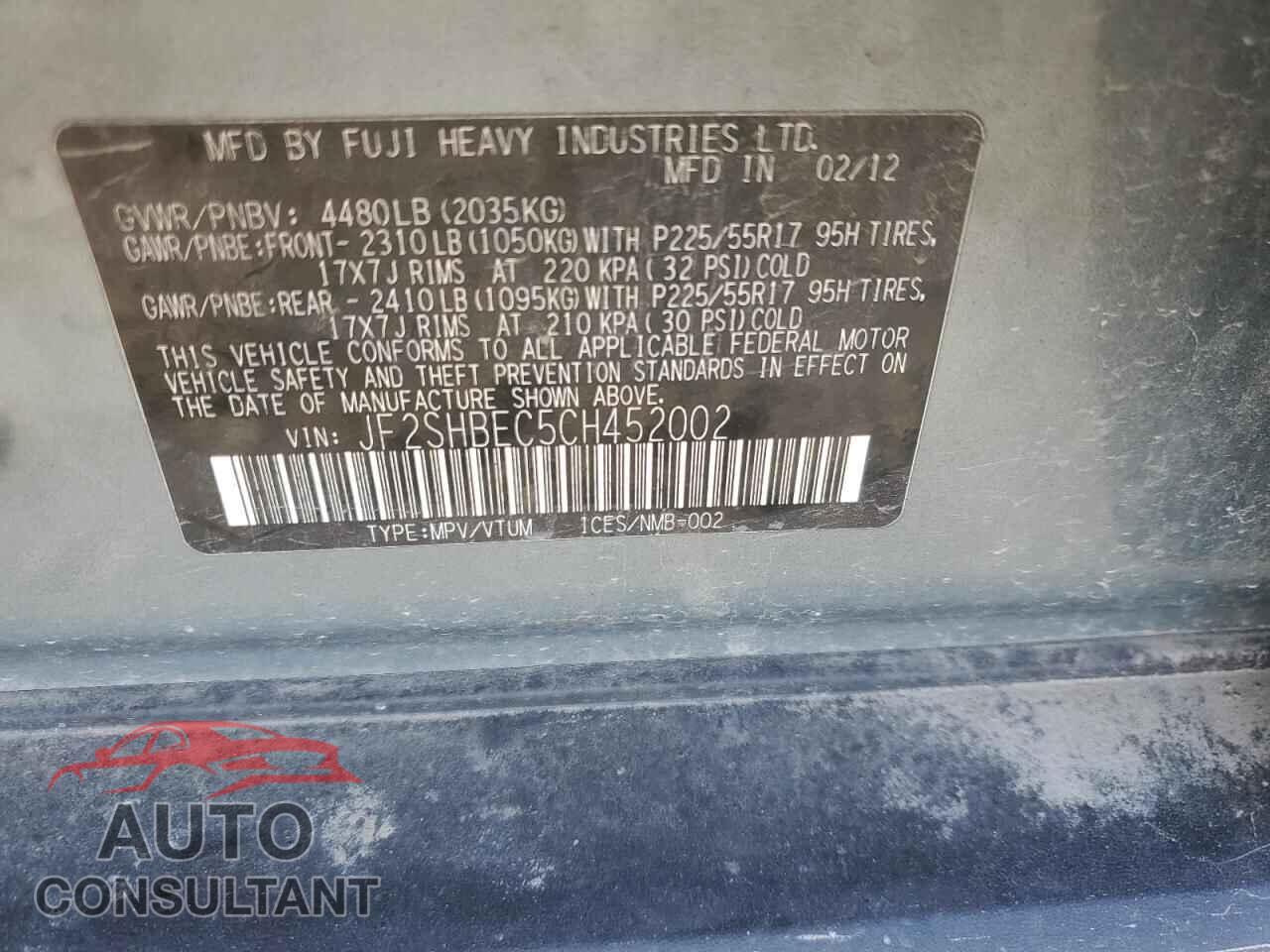 SUBARU FORESTER 2012 - JF2SHBEC5CH452002