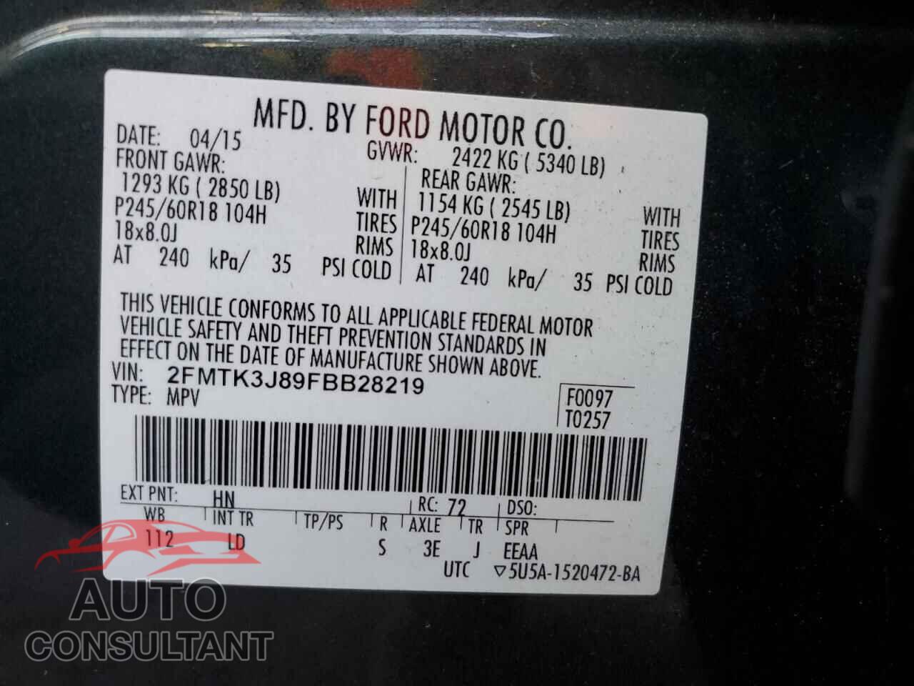 FORD EDGE 2015 - 2FMTK3J89FBB28219