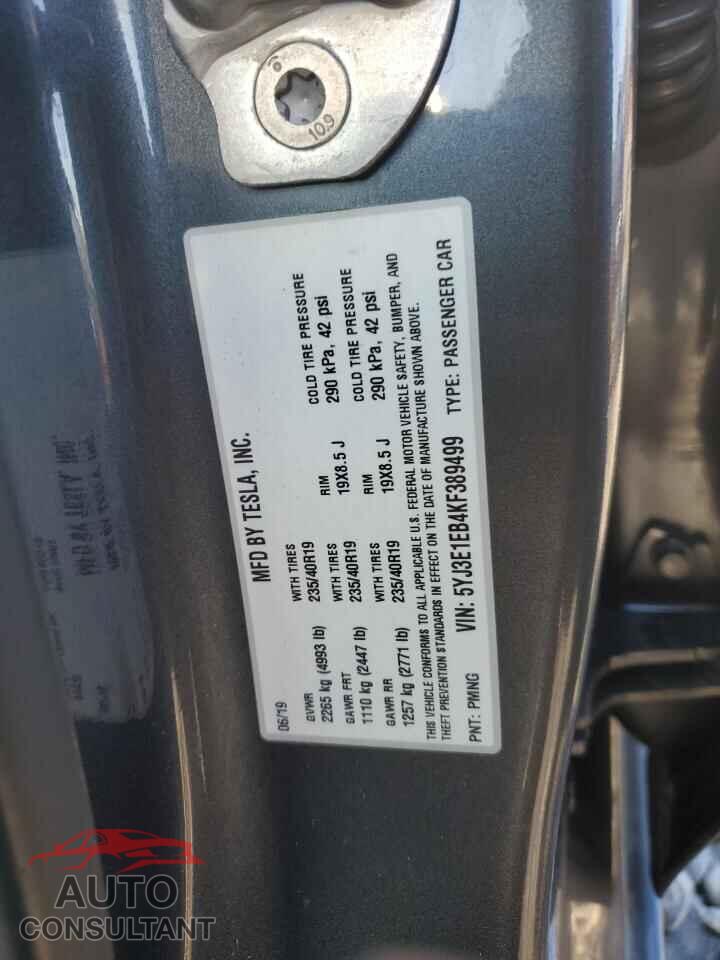 TESLA MODEL 3 2019 - 5YJ3E1EB4KF389499