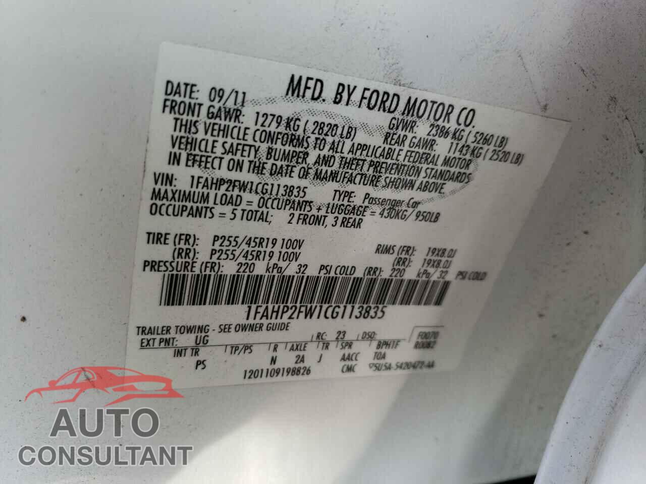 FORD TAURUS 2012 - 1FAHP2FW1CG113835