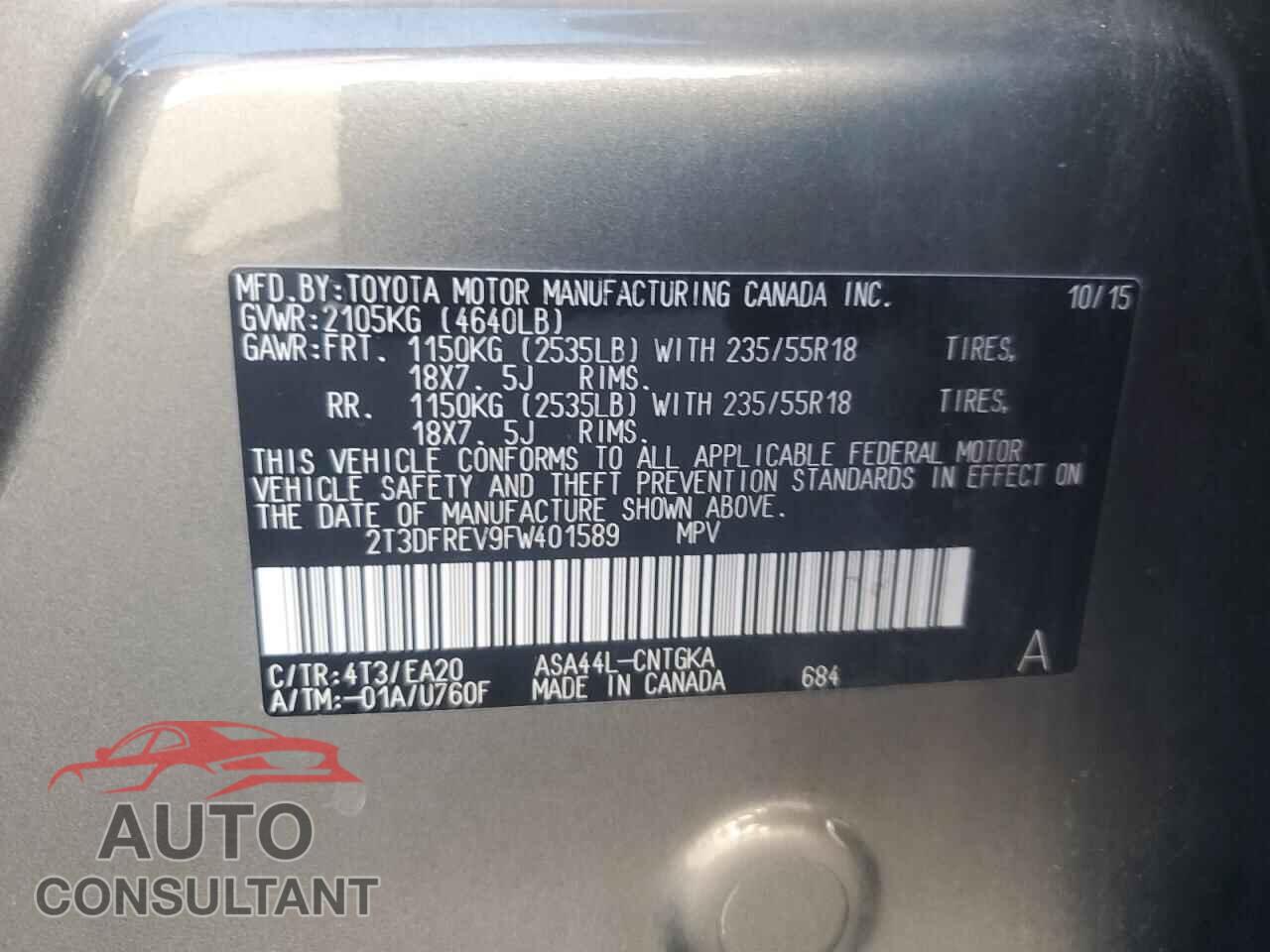 TOYOTA RAV4 2015 - 2T3DFREV9FW401589
