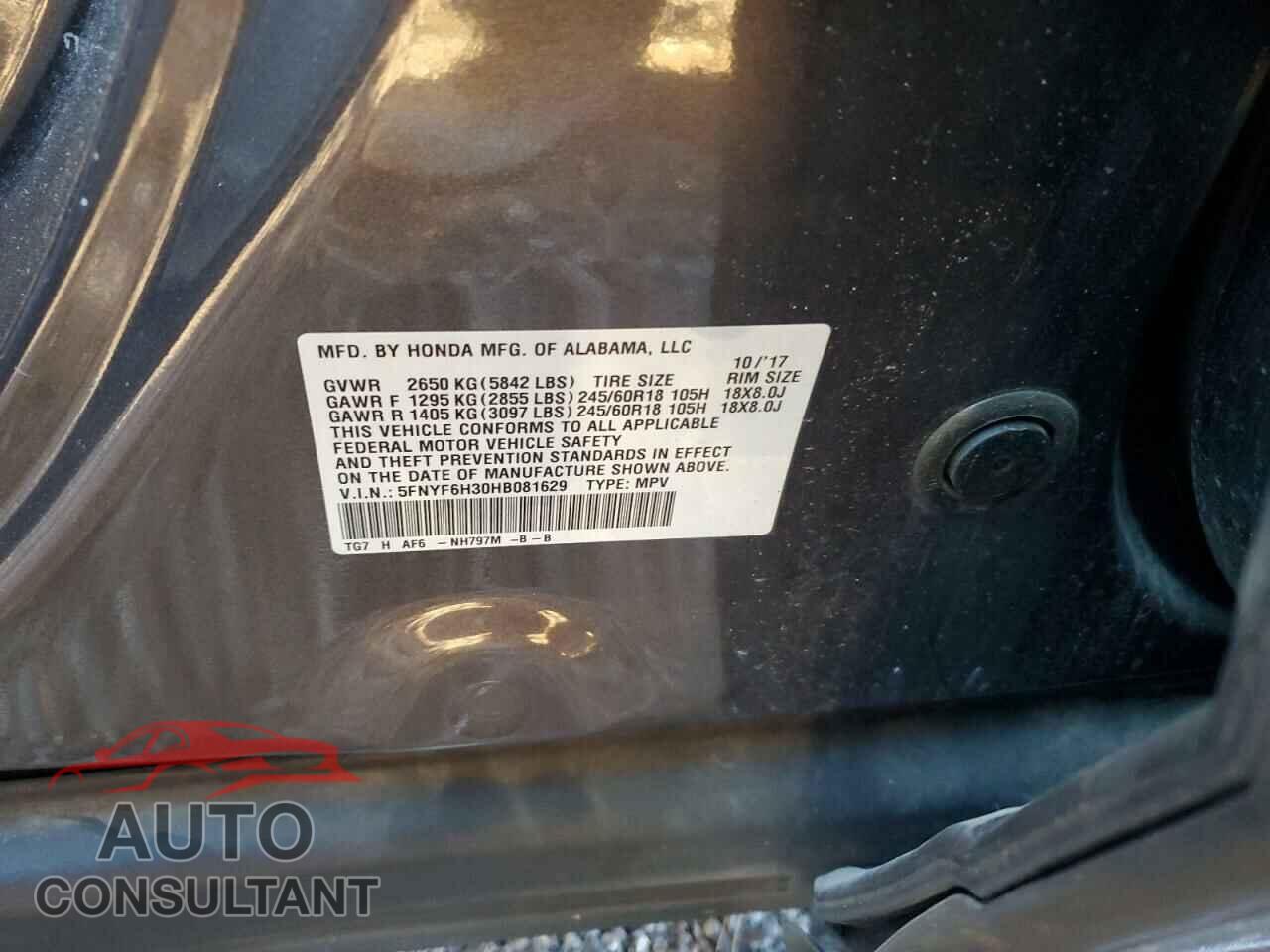 HONDA PILOT 2017 - 5FNYF6H30HB081629