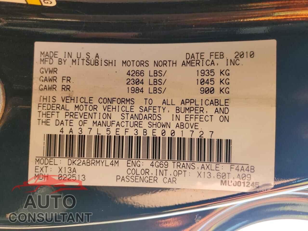 MITSUBISHI ECLIPSE 2011 - 4A37L5EF3BE001727