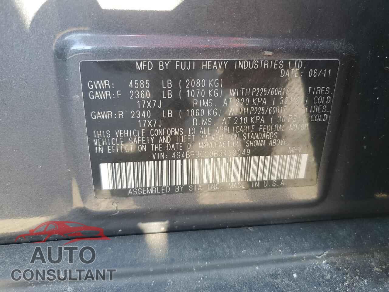 SUBARU OUTBACK 2011 - 4S4BRBCC0B3432049