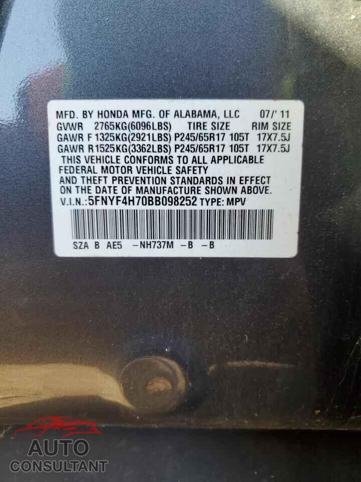 HONDA PILOT 2011 - 5FNYF4H70BB098252