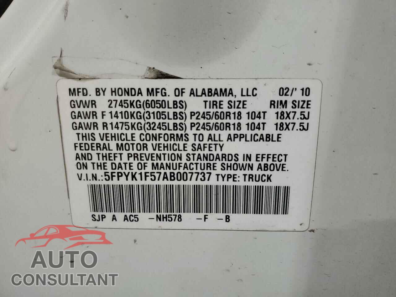 HONDA RIDGELINE 2010 - 5FPYK1F57AB007737