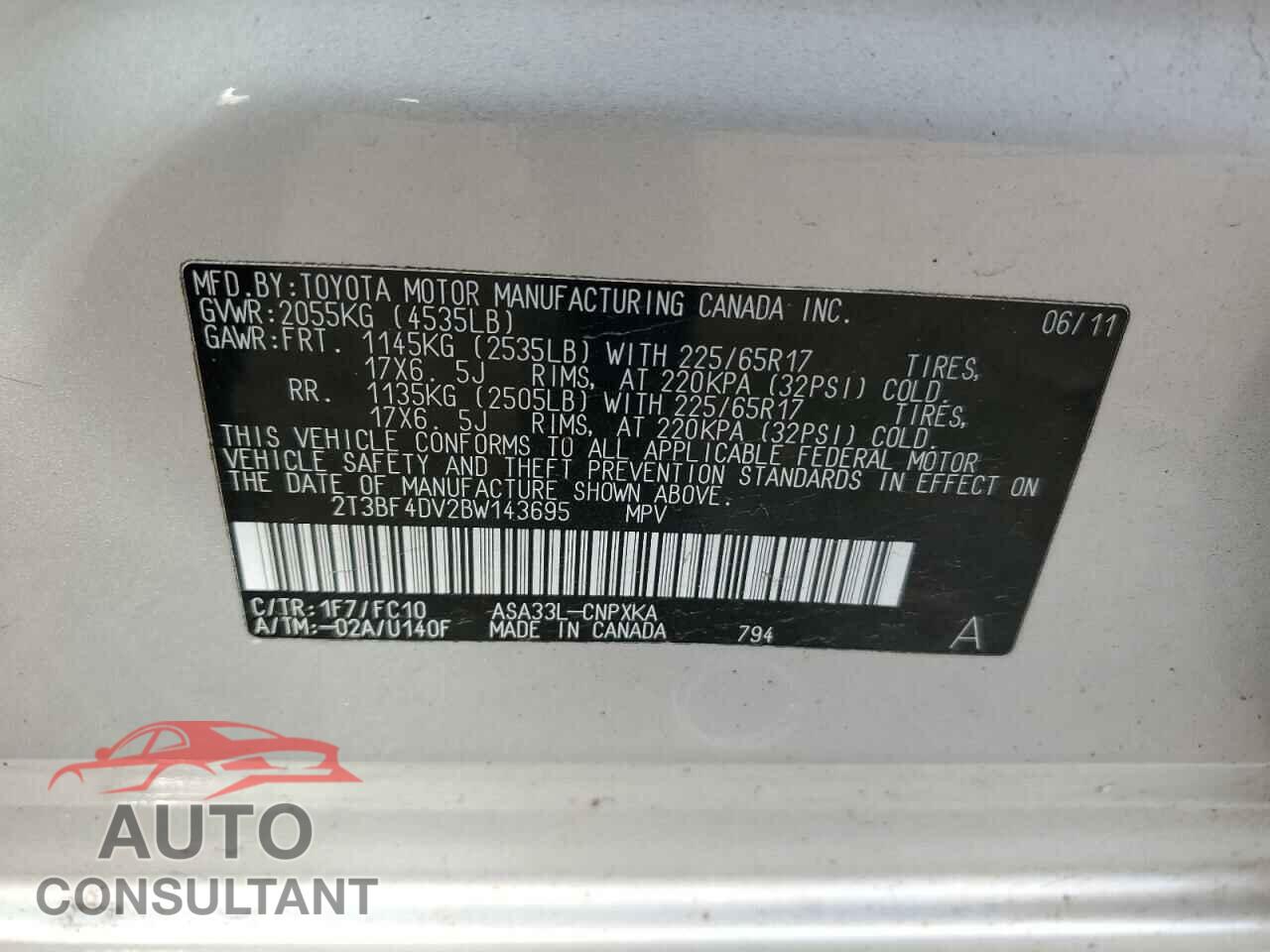 TOYOTA RAV4 2011 - 2T3BF4DV2BW143695