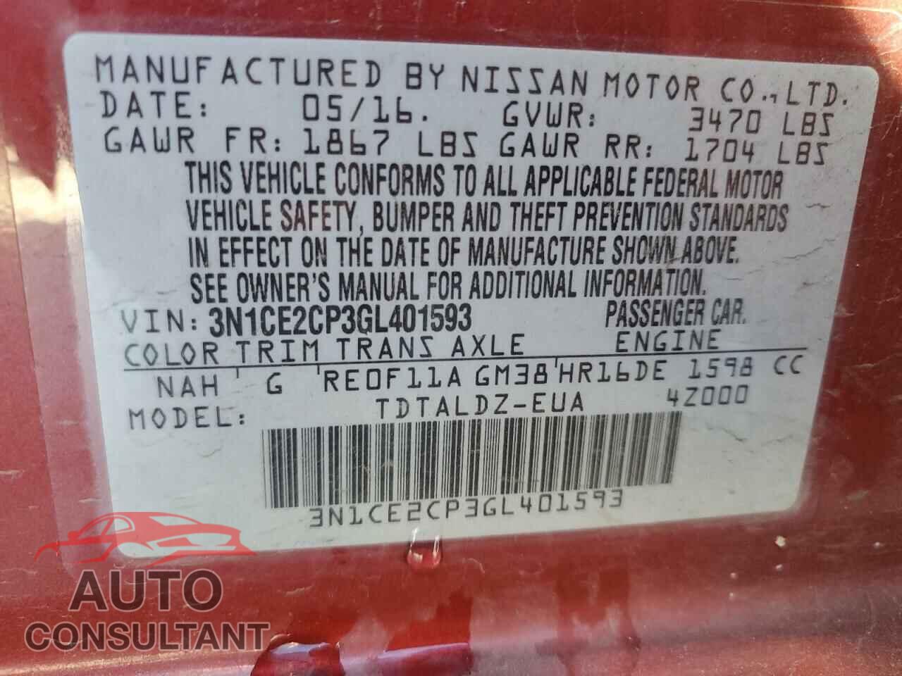 NISSAN VERSA 2016 - 3N1CE2CP3GL401593