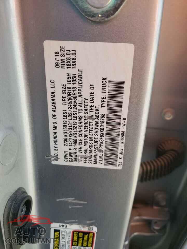 HONDA RIDGELINE 2019 - 5FPYK3F6XKB018768