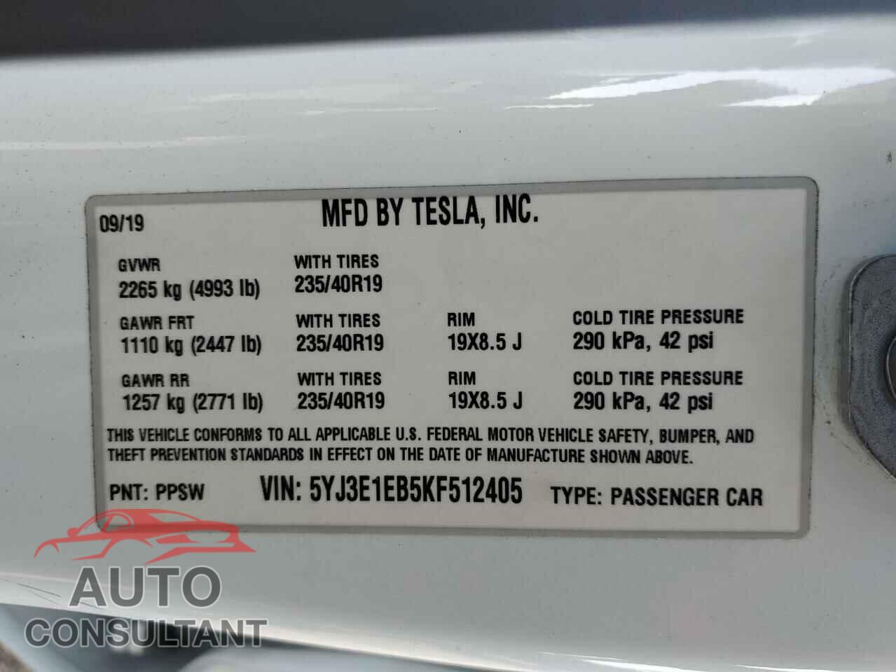 TESLA MODEL 3 2019 - 5YJ3E1EB5KF512405