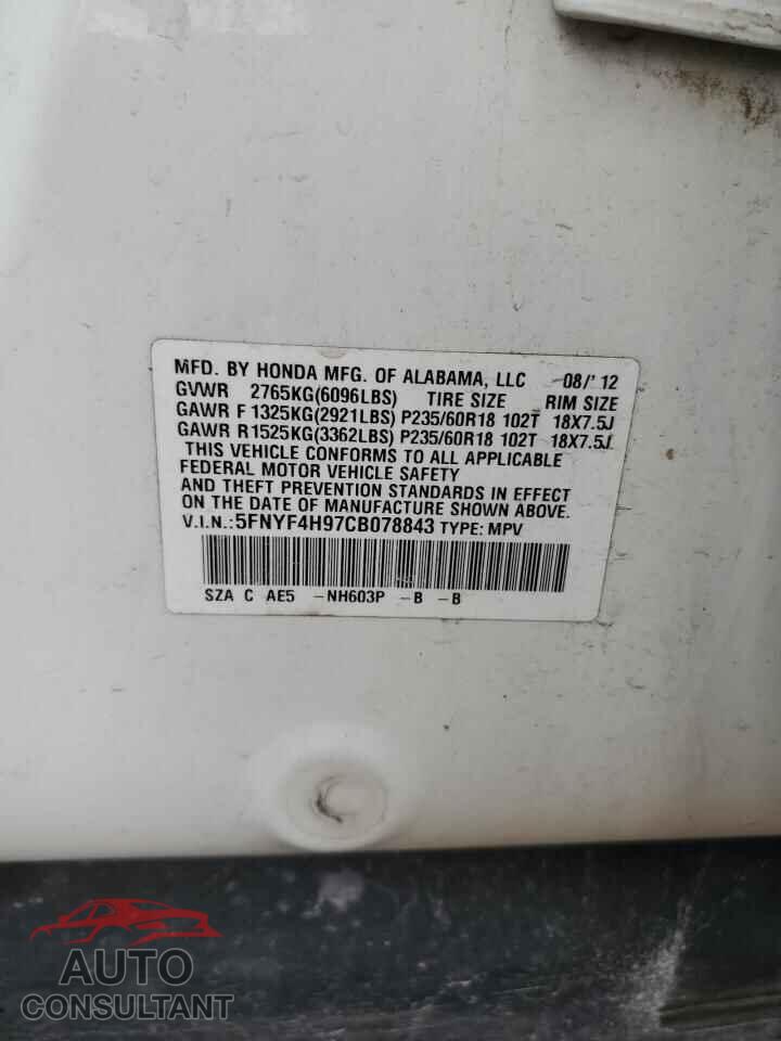 HONDA PILOT 2012 - 5FNYF4H97CB078843