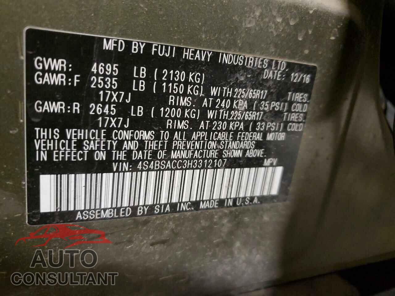 SUBARU OUTBACK 2017 - 4S4BSACC3H3312107