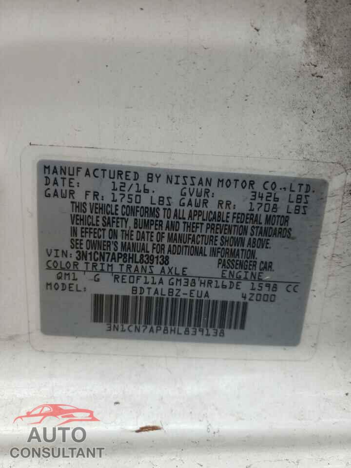 NISSAN VERSA 2017 - 3N1CN7AP8HL839138