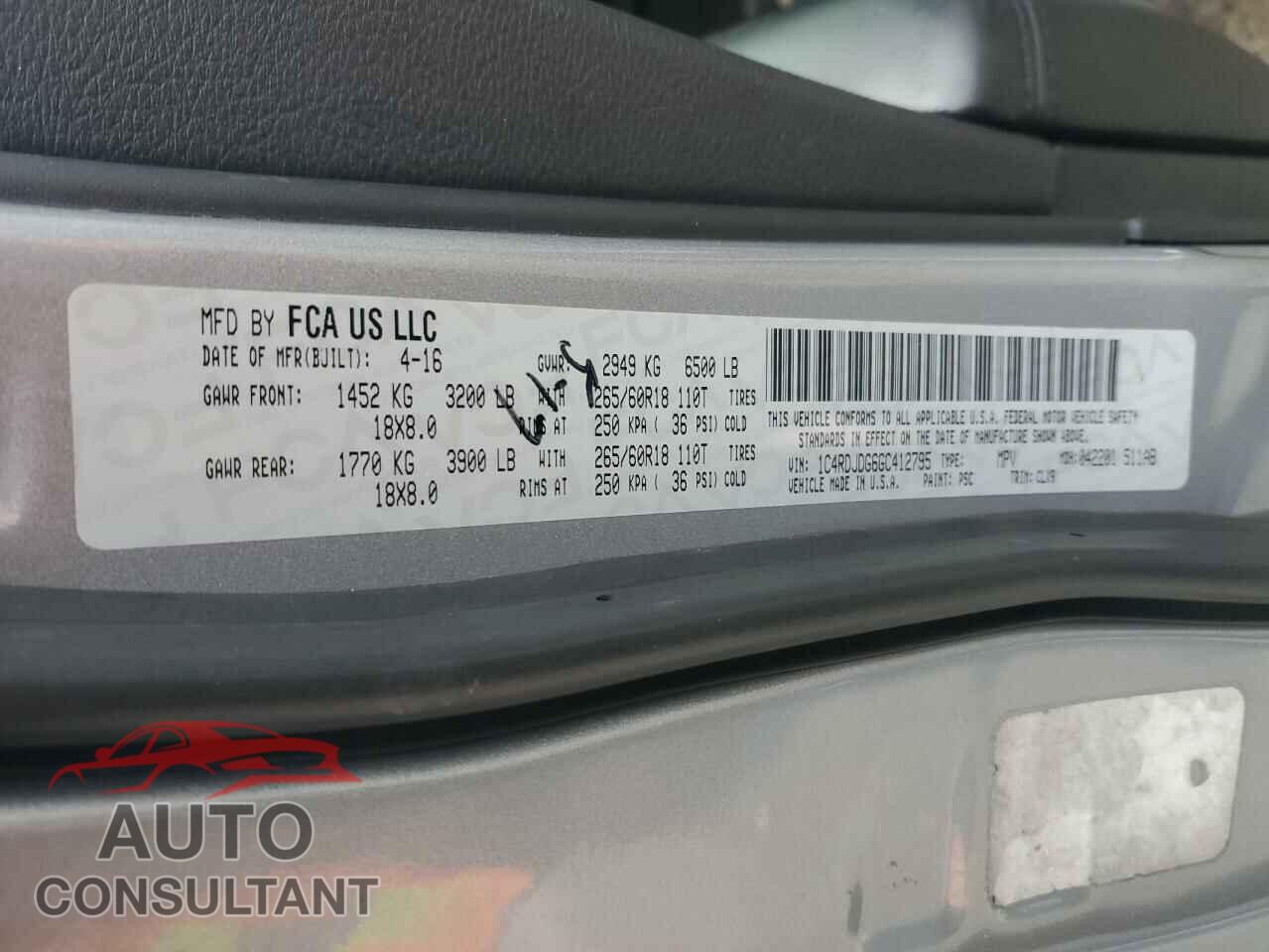 DODGE DURANGO 2016 - 1C4RDJDG6GC412795