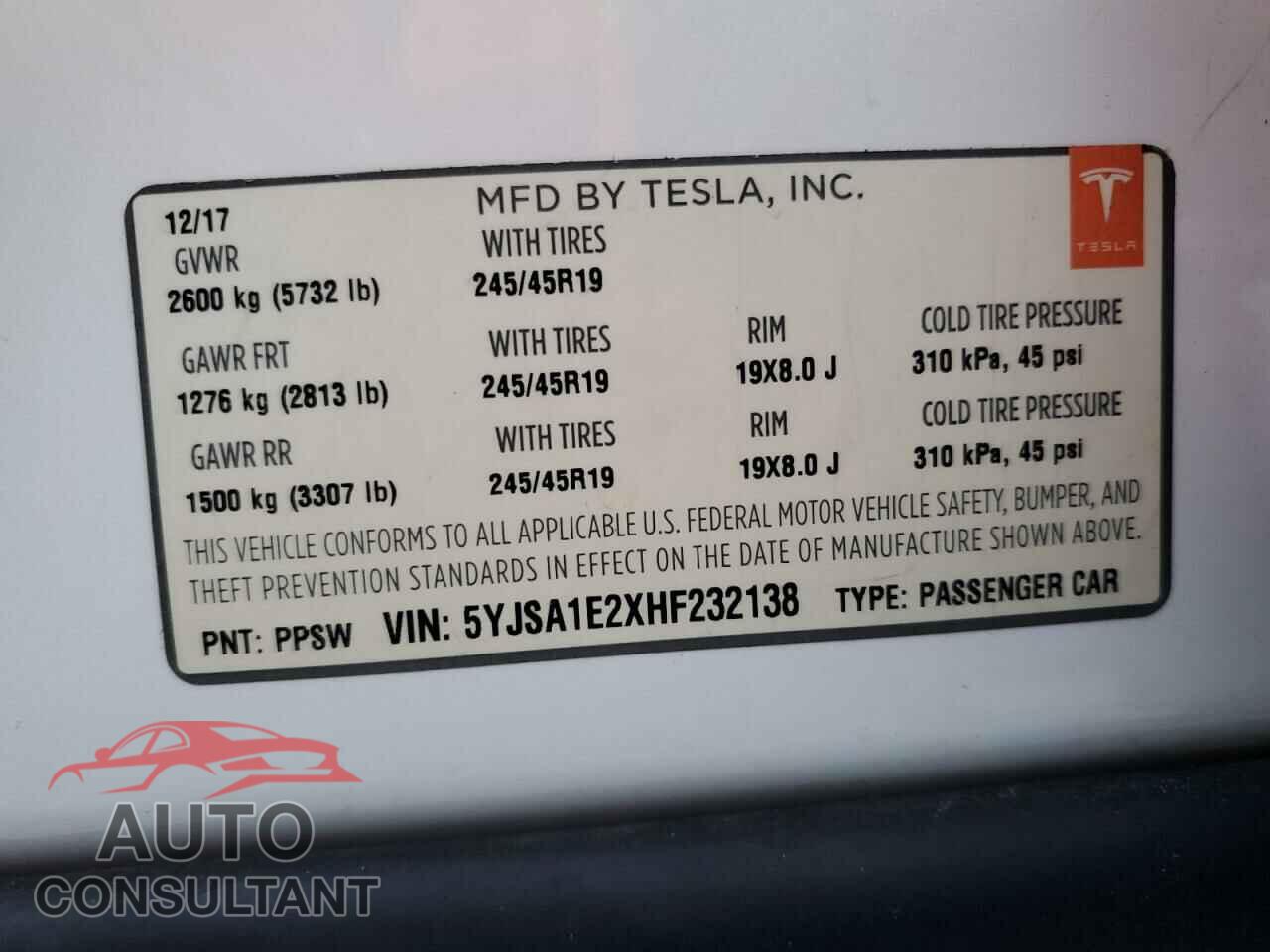 TESLA MODEL S 2017 - 5YJSA1E2XHF232138