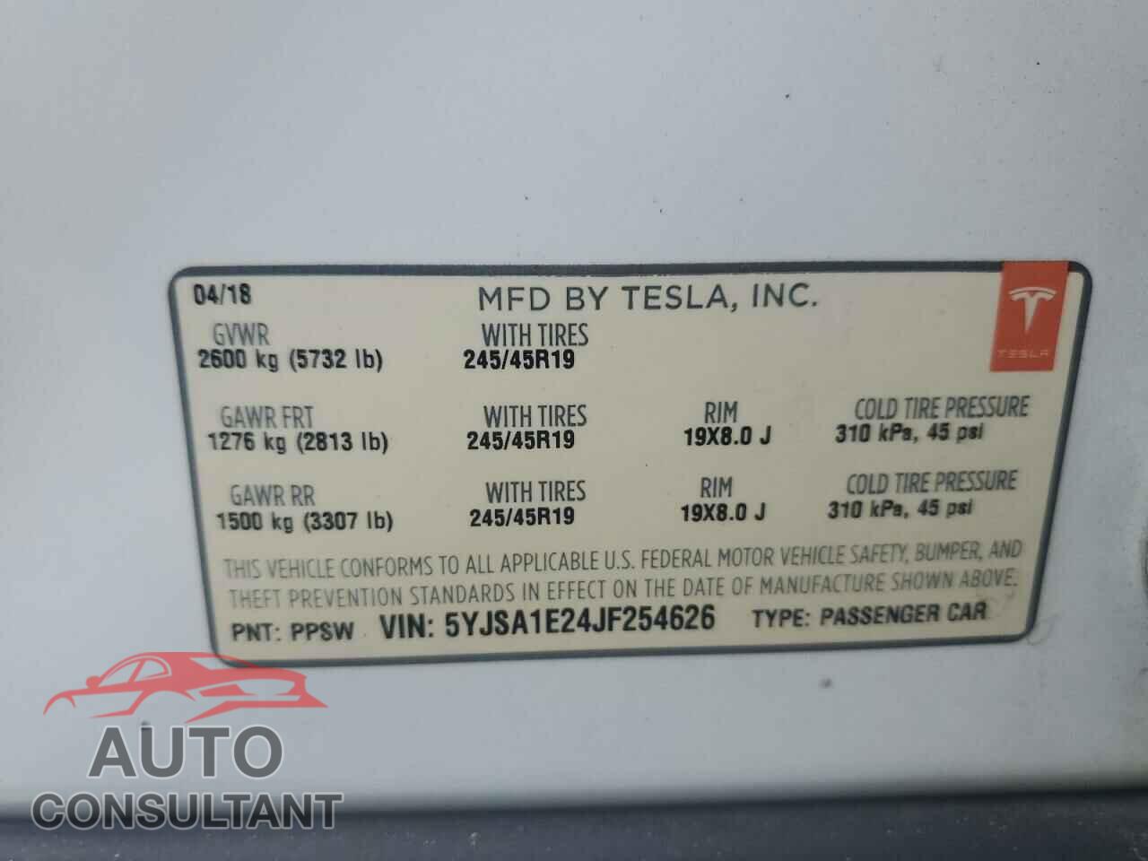 TESLA MODEL S 2018 - 5YJSA1E24JF254626