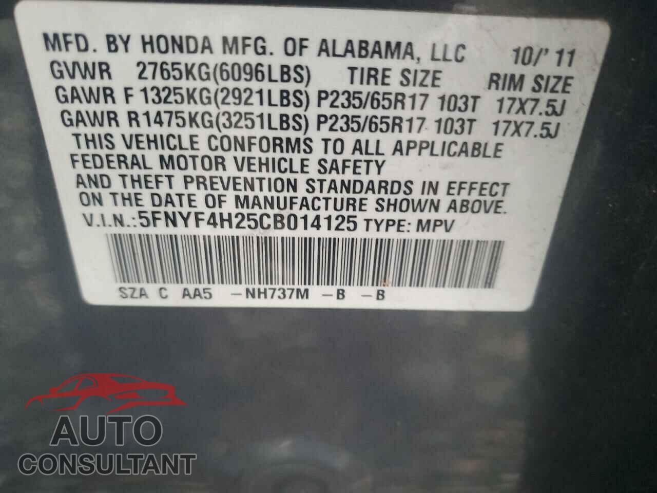 HONDA PILOT 2012 - 5FNYF4H25CB014125