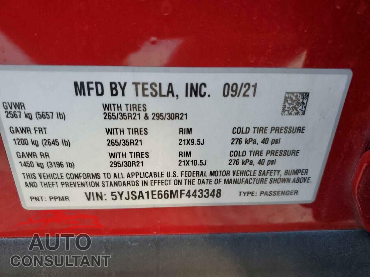 TESLA MODEL S 2021 - 5YJSA1E66MF443348