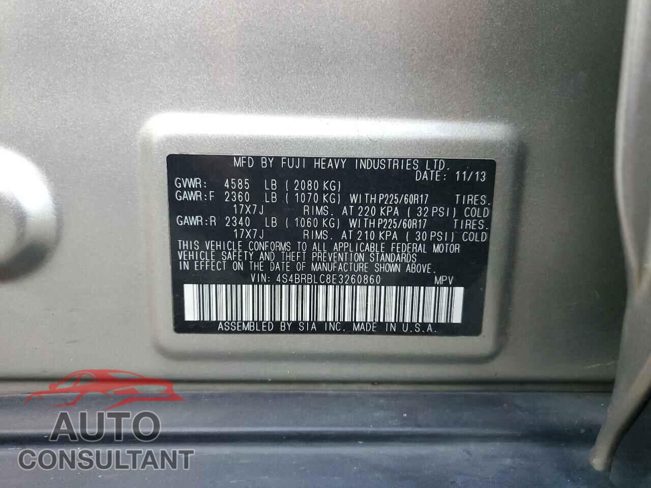 SUBARU OUTBACK 2014 - 4S4BRBLC8E3260860