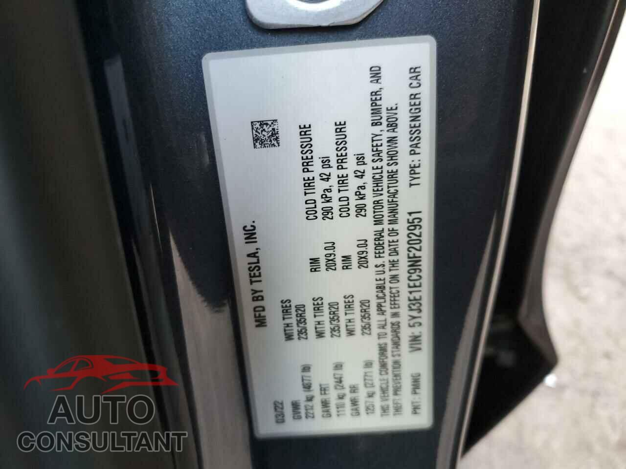 TESLA MODEL 3 2022 - 5YJ3E1EC9NF202951