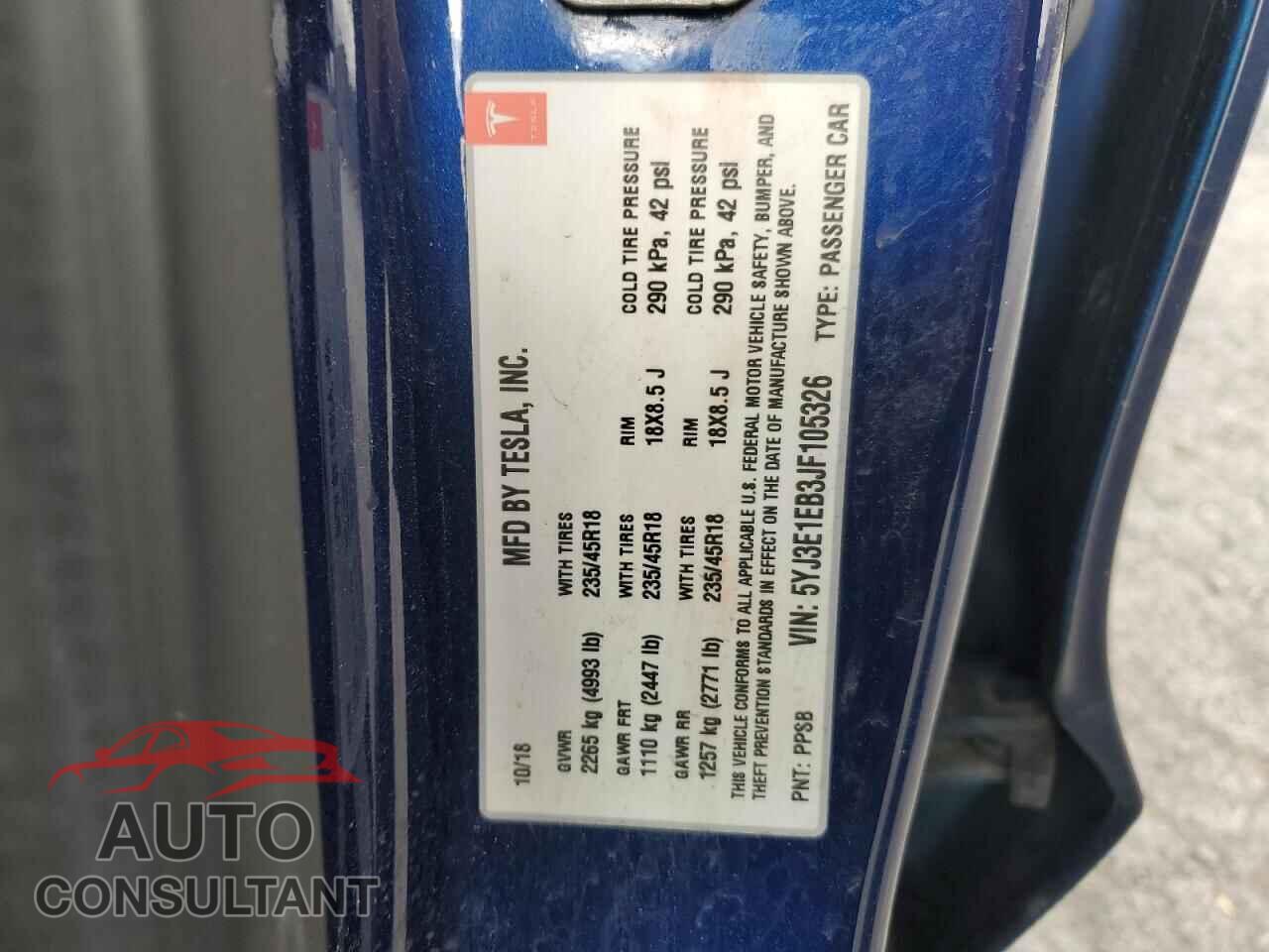 TESLA MODEL 3 2018 - 5YJ3E1EB3JF105326