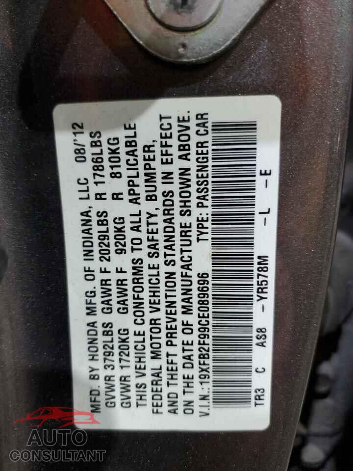 HONDA CIVIC 2012 - 19XFB2F99CE089696