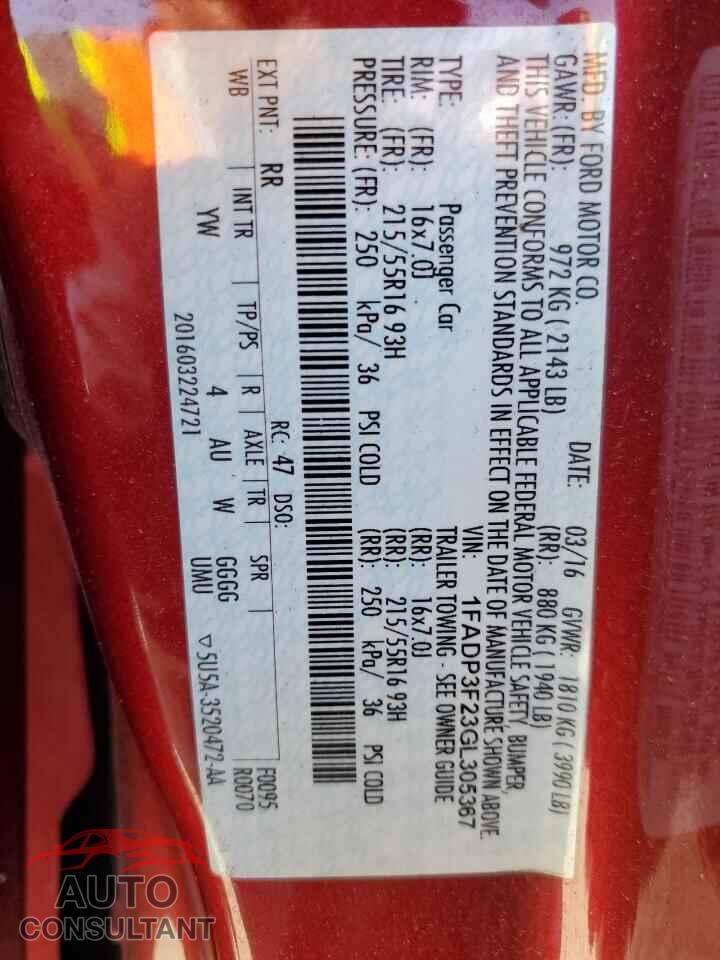 FORD FOCUS 2016 - 1FADP3F23GL305367