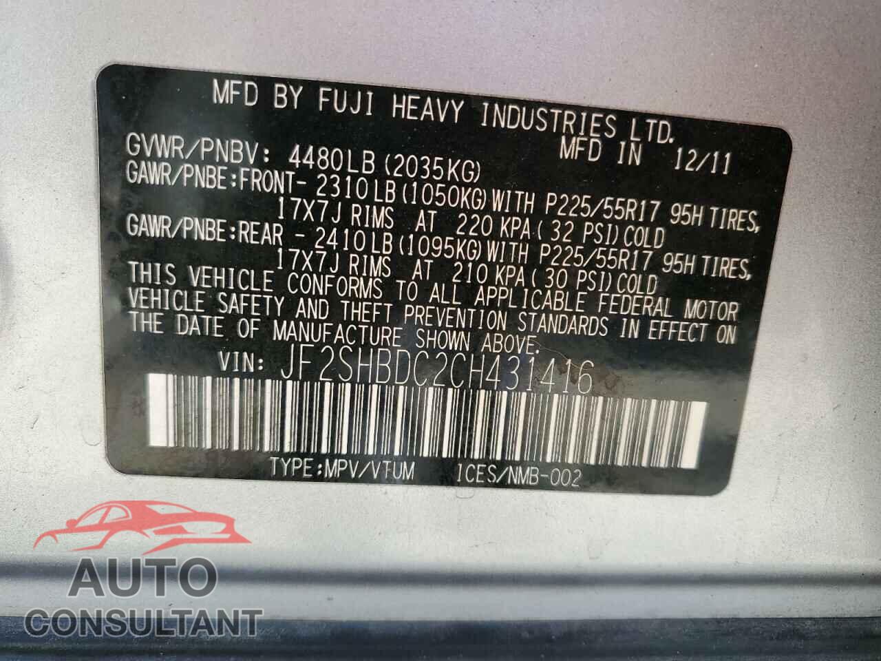 SUBARU FORESTER 2012 - JF2SHBDC2CH431416