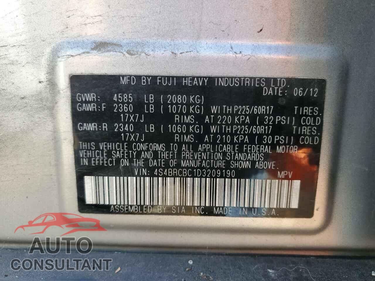SUBARU OUTBACK 2013 - 4S4BRCBC1D3209190