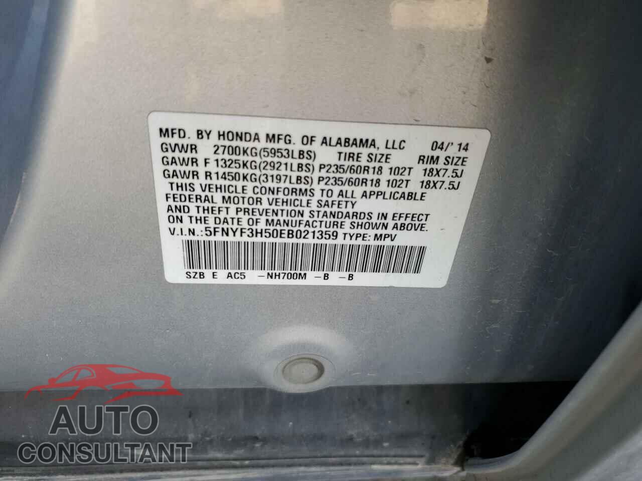 HONDA PILOT 2014 - 5FNYF3H50EB021359