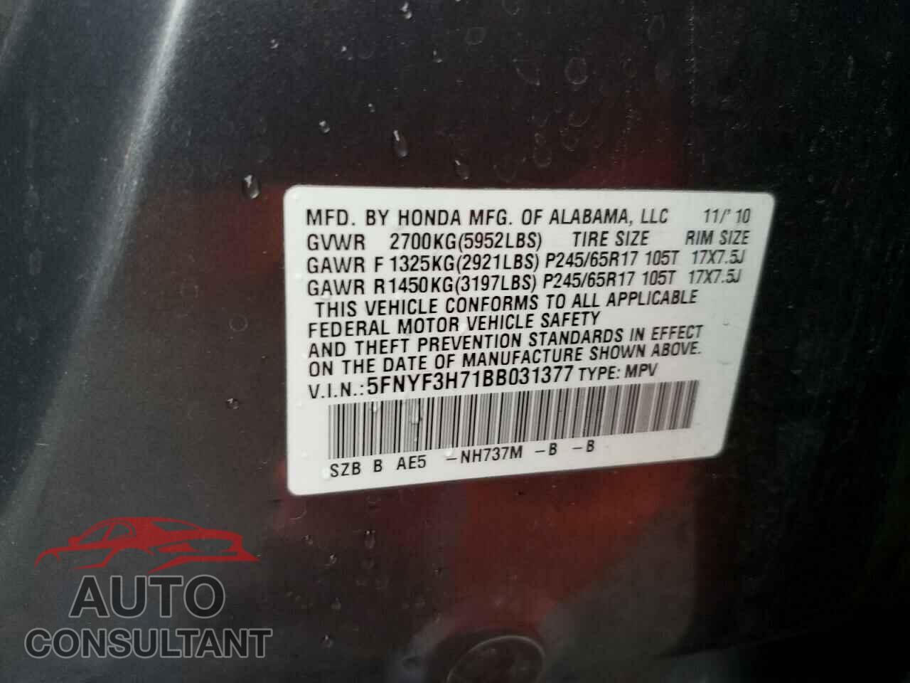 HONDA PILOT 2011 - 5FNYF3H71BB031377