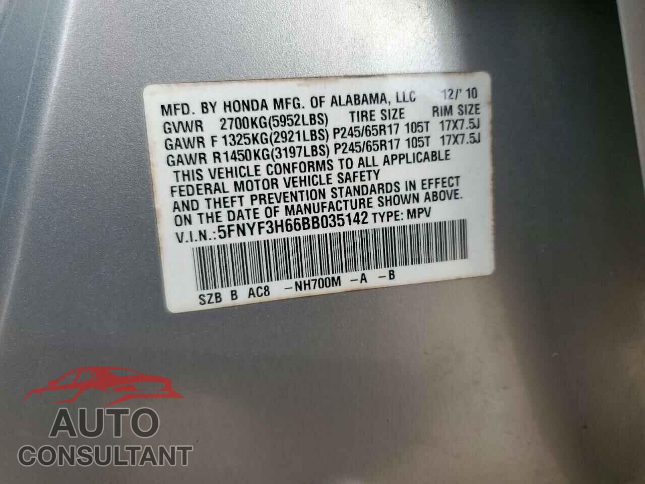 HONDA PILOT 2011 - 5FNYF3H66BB035142