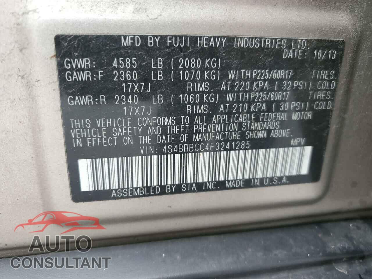 SUBARU OUTBACK 2014 - 4S4BRBCC4E3241285