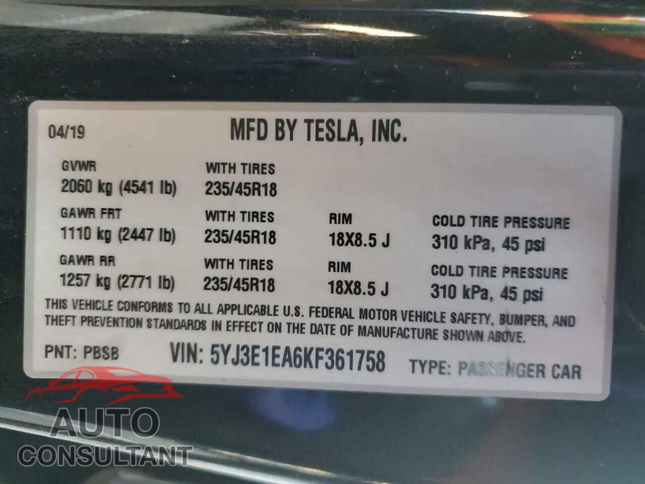 TESLA MODEL 3 2019 - 5YJ3E1EA6KF361758