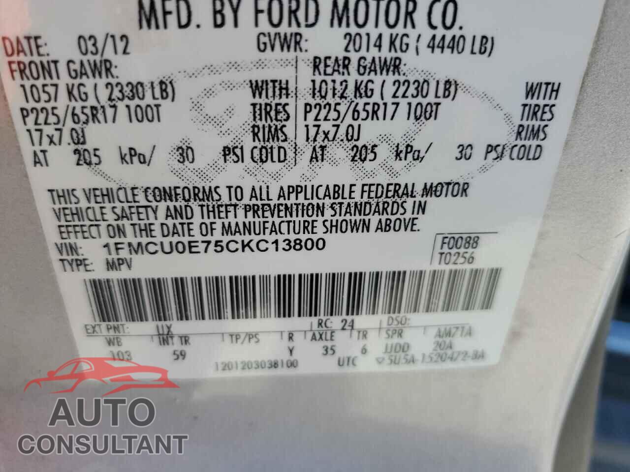FORD ESCAPE 2012 - 1FMCU0E75CKC13800