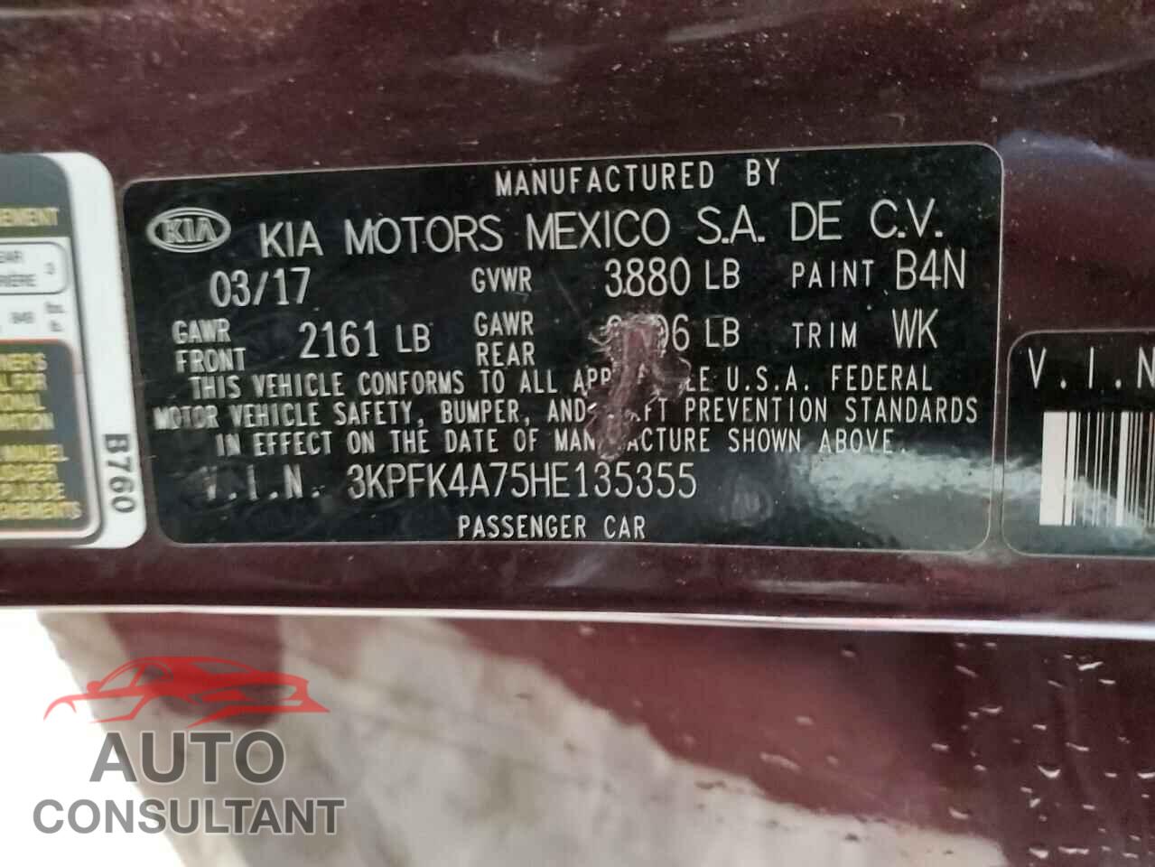 KIA FORTE 2017 - 3KPFK4A75HE135355