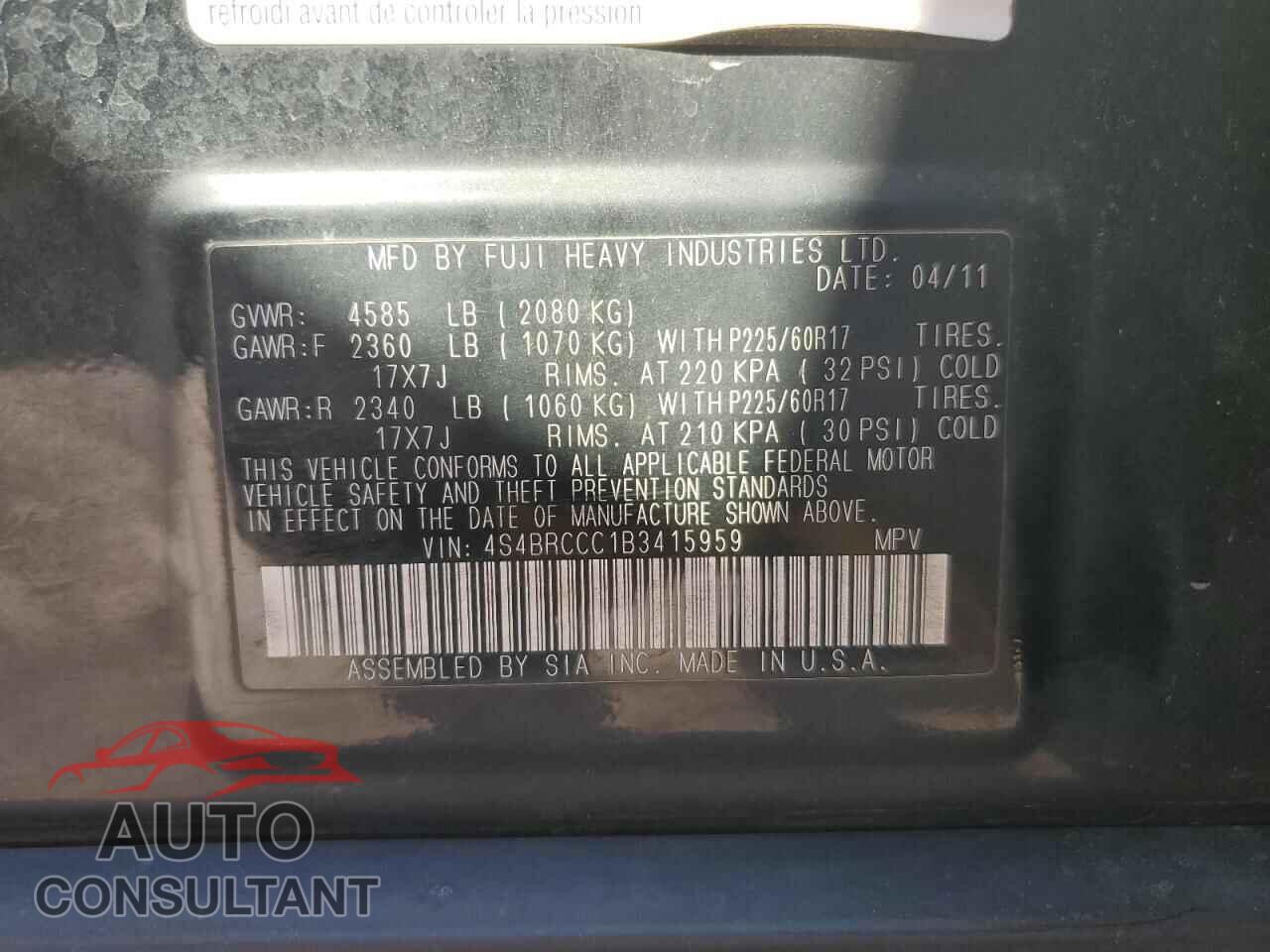 SUBARU OUTBACK 2011 - 4S4BRCCC1B3415959