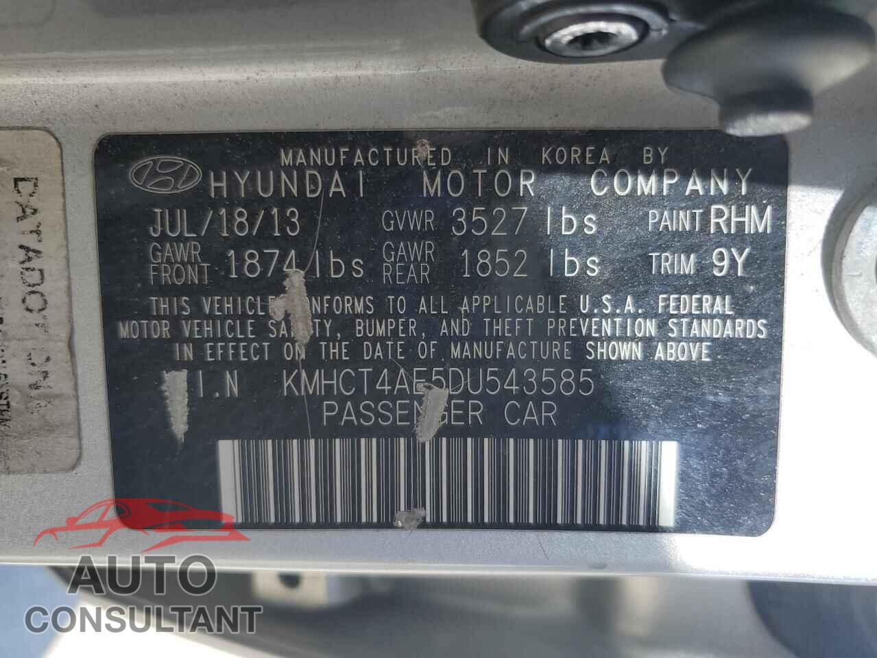HYUNDAI ACCENT 2013 - KMHCT4AE5DU543585