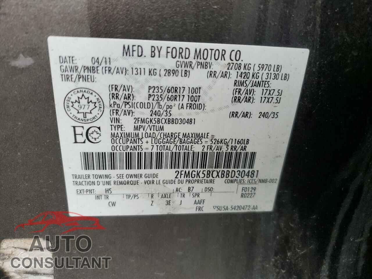 FORD FLEX 2011 - 2FMGK5BCXBBD30481