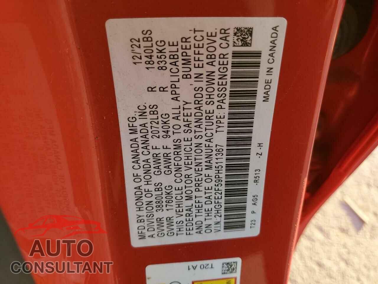 HONDA CIVIC 2023 - 2HGFE2F59PH511367