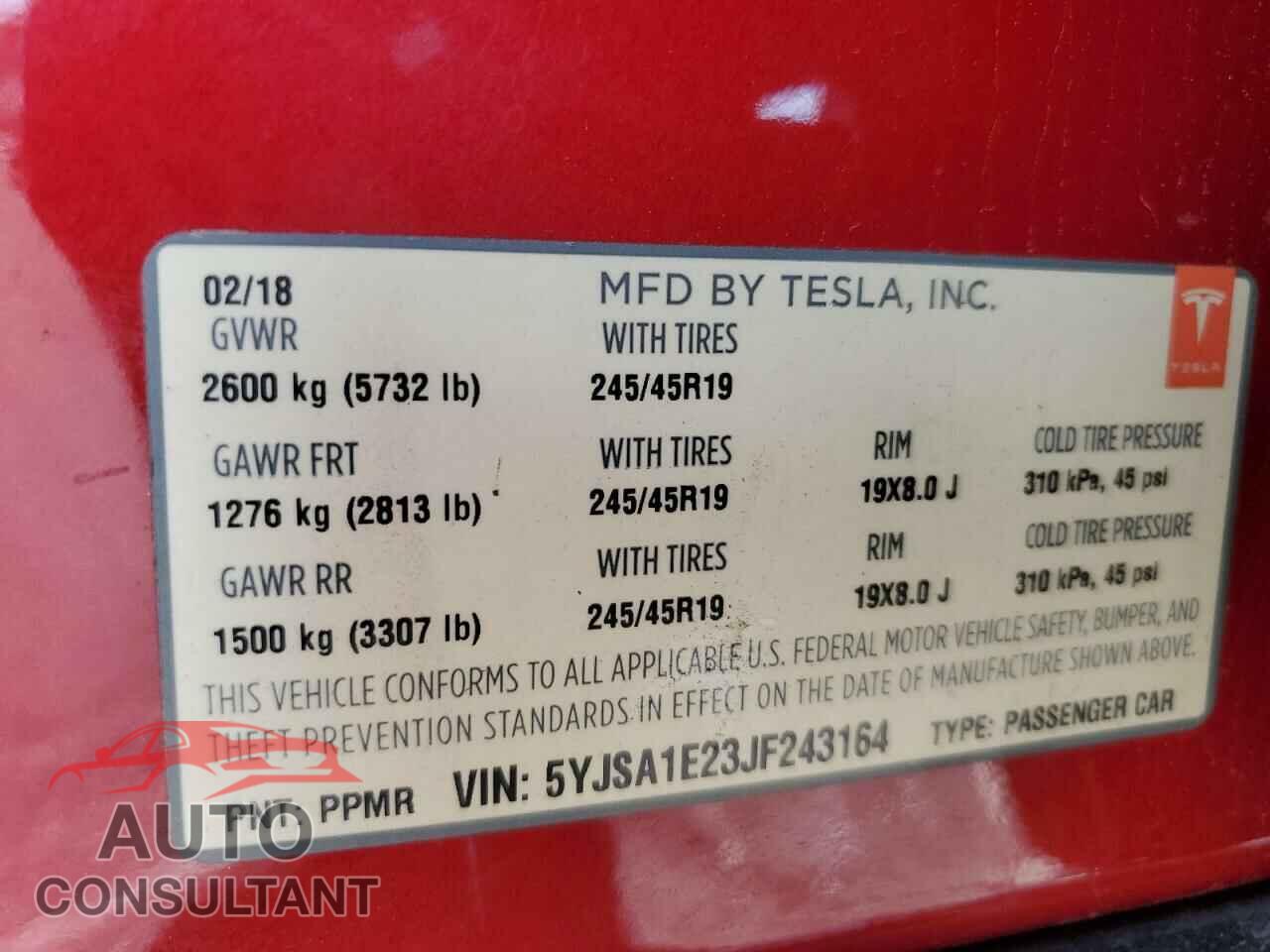 TESLA MODEL S 2018 - 5YJSA1E23JF243164