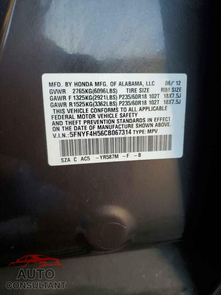 HONDA PILOT 2012 - 5FNYF4H56CB067314