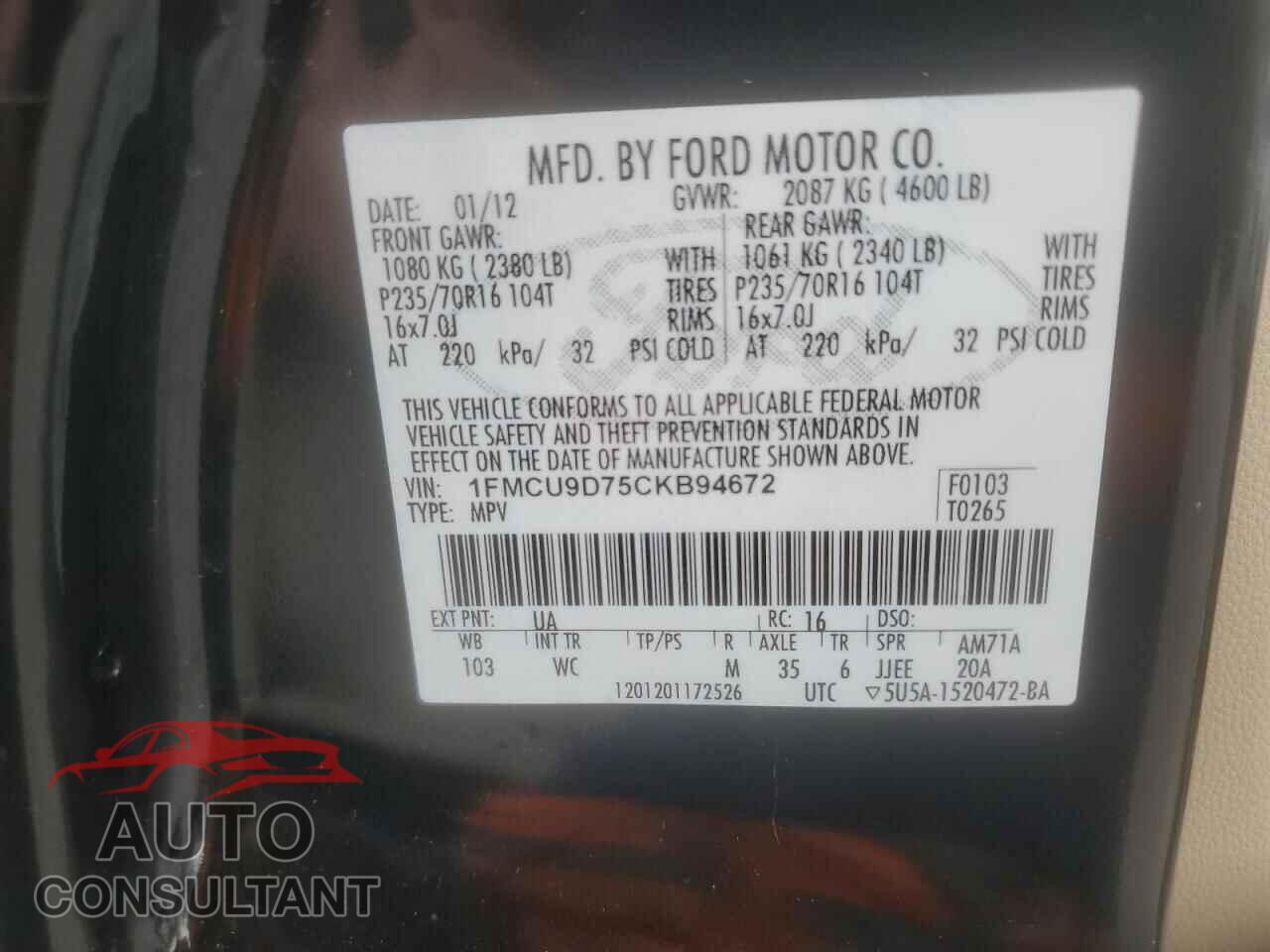 FORD ESCAPE 2012 - 1FMCU9D75CKB94672