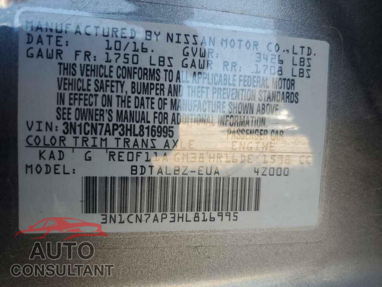 NISSAN VERSA 2017 - 3N1CN7AP3HL816995