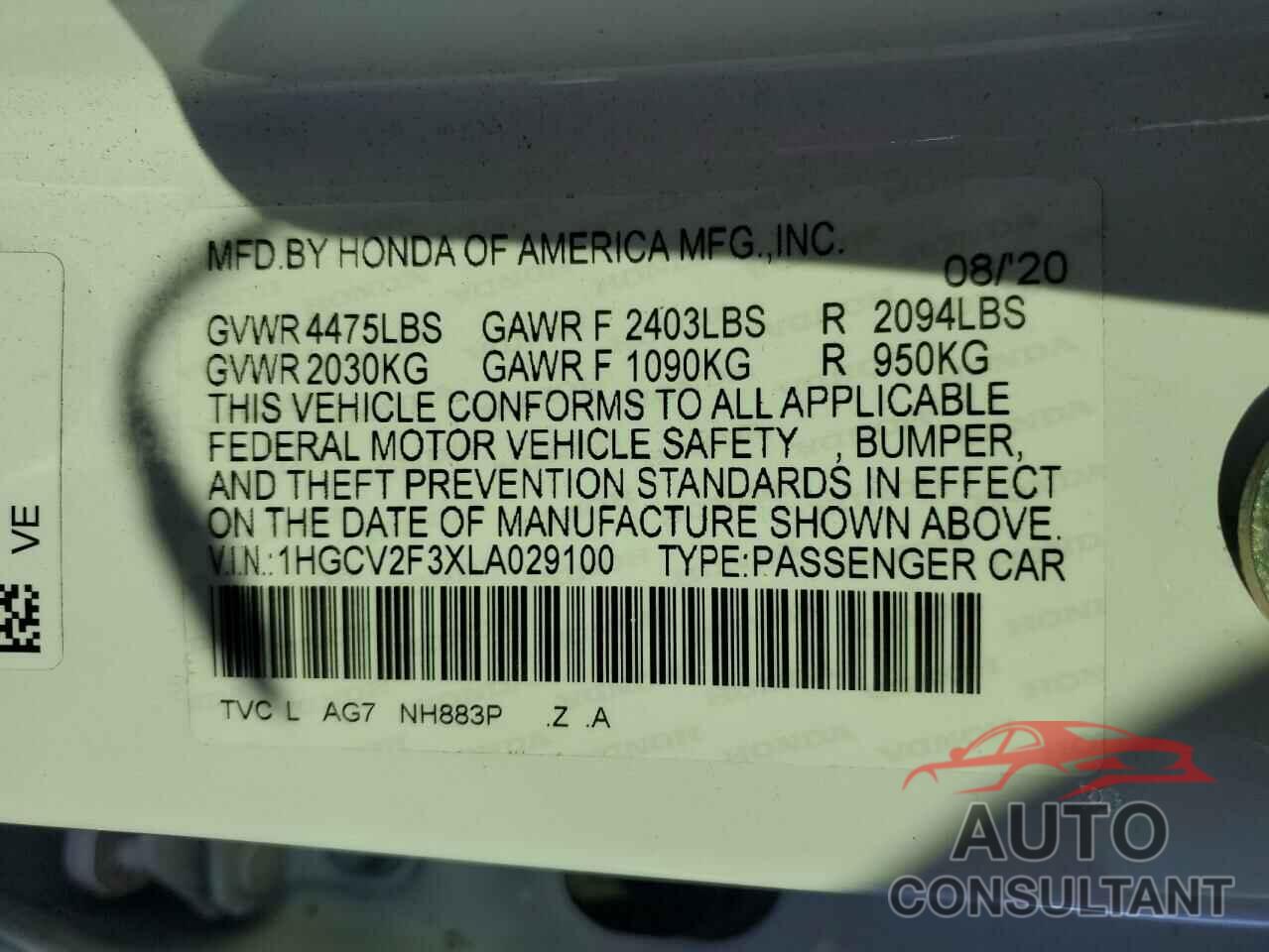 HONDA ACCORD 2020 - 1HGCV2F3XLA029100