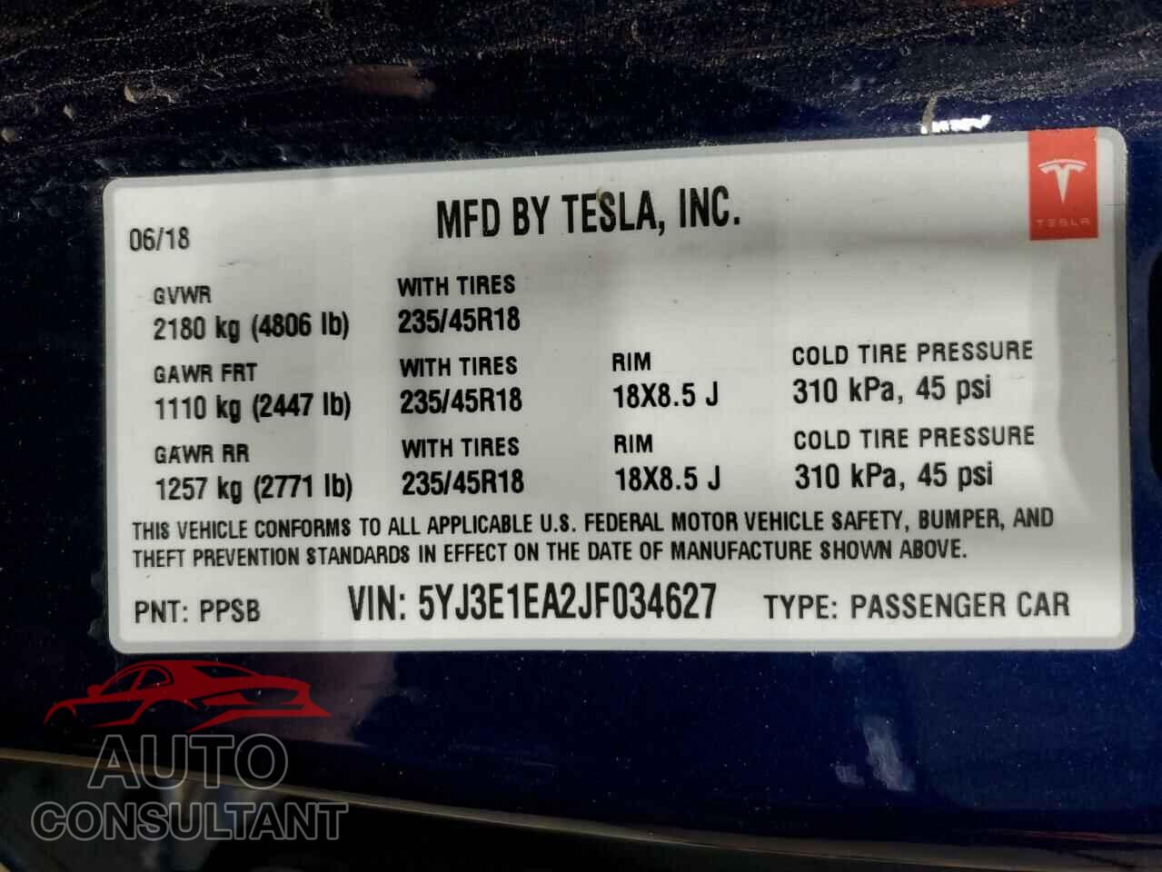 TESLA MODEL 3 2018 - 5YJ3E1EA2JF034627