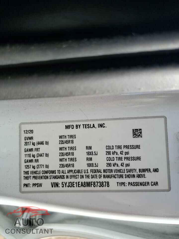 TESLA MODEL 3 2021 - 5YJ3E1EA8MF873878