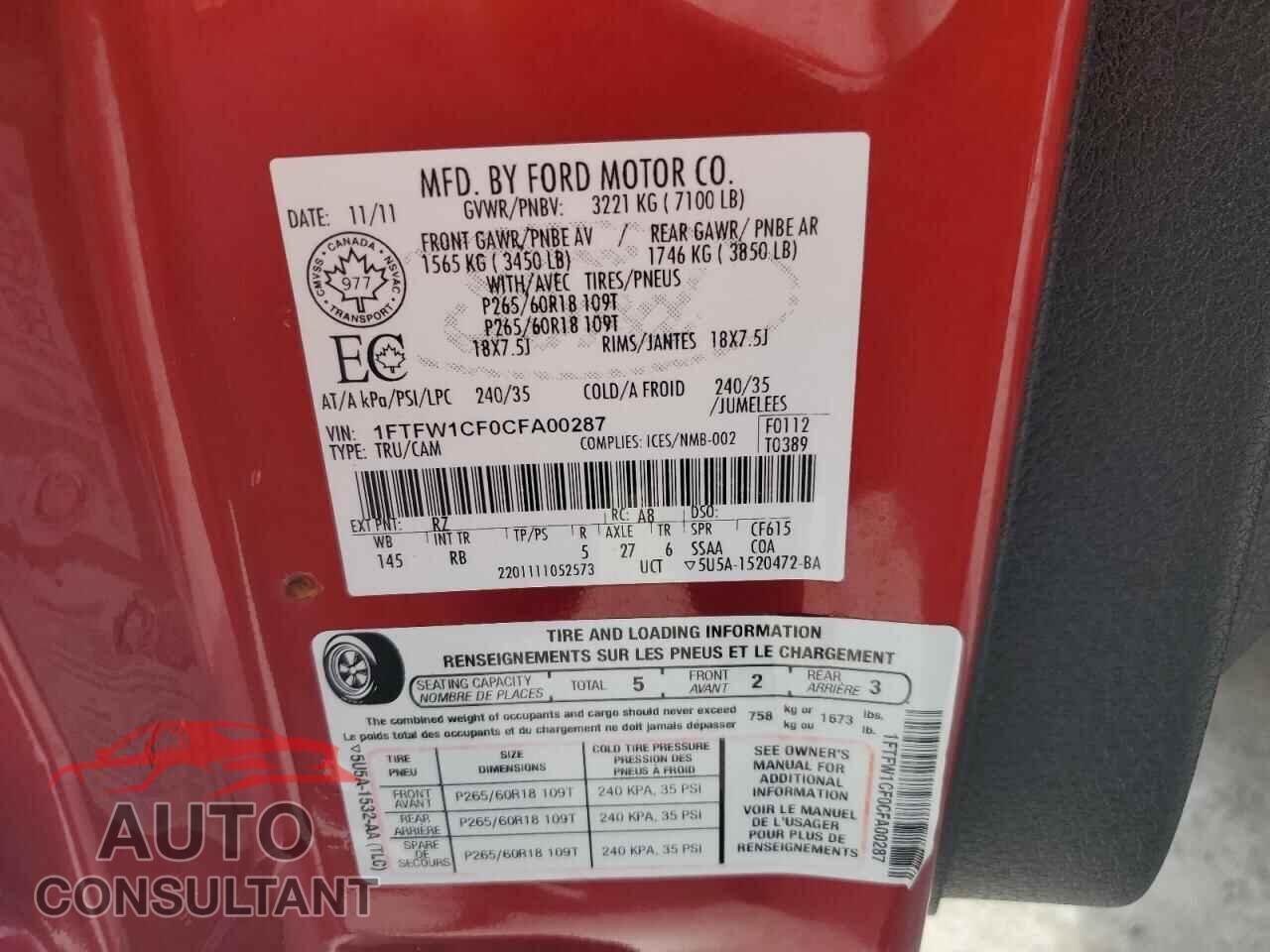 FORD F-150 2012 - 1FTFW1CF0CFA00287