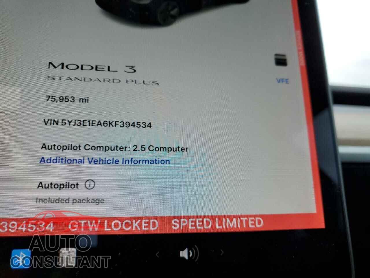 TESLA MODEL 3 2019 - 5YJ3E1EA6KF394534
